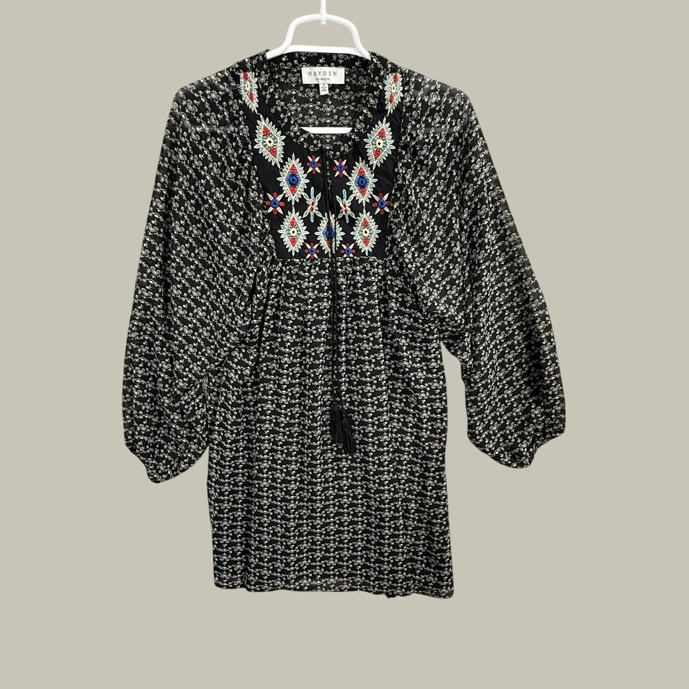 Hayden Los Angeles Women's Boho Embroidered Floral Mini Dress Tassel Black Small